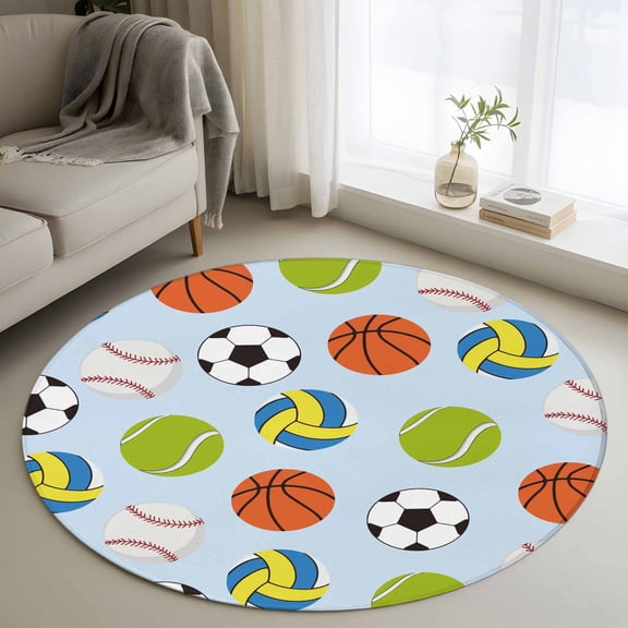 Blue Balls 3ft Area Rug, Baseball Tennis Basketball Football Washable Non-Slip Small Round Rugs for Entryway Bedroom Kitchen, Soft Circle Carpet for Dining Room, Playroom Nursery Rug