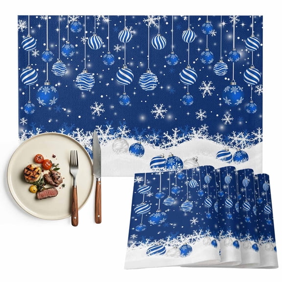 Blue Balls Christmas Placemats Set of 12, Xmas White Winter Snowflake Table Mats Washable Heat-Insulation Non-Slip Place Mats for Kitchen Dinner Table Indoor Outdoor Decor,13x19 Inch