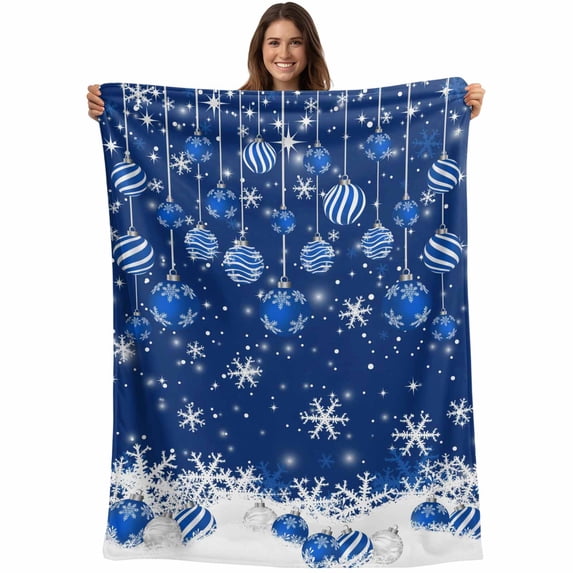 Blue Balls Christmas Throw Blankets, Xmas White Winter Snowflake Soft Fleece Blanket Decorative for Home Sofa Couch Chair Living Bedroom, 50x60 inches,