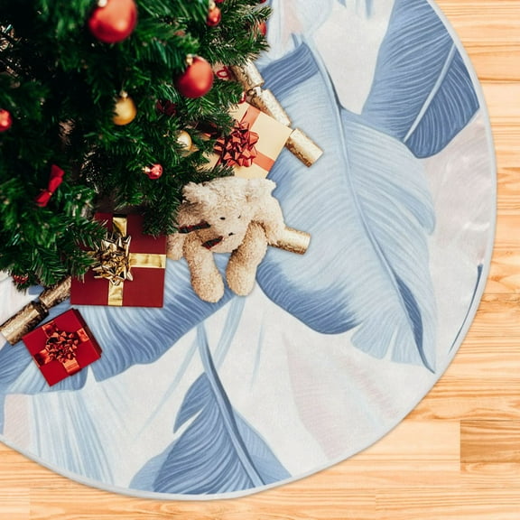 Blue Banana Leaves Christmas Tree Skirt Stand Mat Waterproof Floor Protection Mat for Holiday Decoration