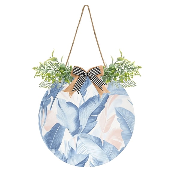 Blue Banana Leaves Front Door Porch Decoration Hanging Sign with Artificial Green Plants and Bow for Home Outdoor Indoor