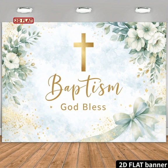 Blue Baptism Backdrop White Floral Green Bow God Bless Background Watercolor Christening First Holy Communion Party Decorations Banner Supplies Photo Booth Props