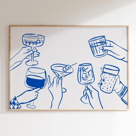 Blue Bar Cart Wall Trendy Bar Cart Decor Cheers Hand Drawing Modern Bar ...