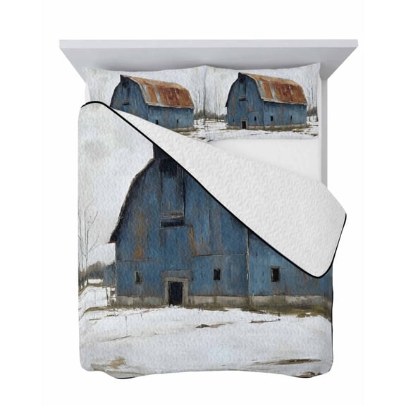Blue Barn 3 Piece Quilt Set Full Size, Rustic Snowy Field Rural Icon Farmhouse Winter Solitude Soft Bedspread Coverlet Bedding Set Microfiber Lightweight Comforter Set with 2 Pillowcases for Bedroom