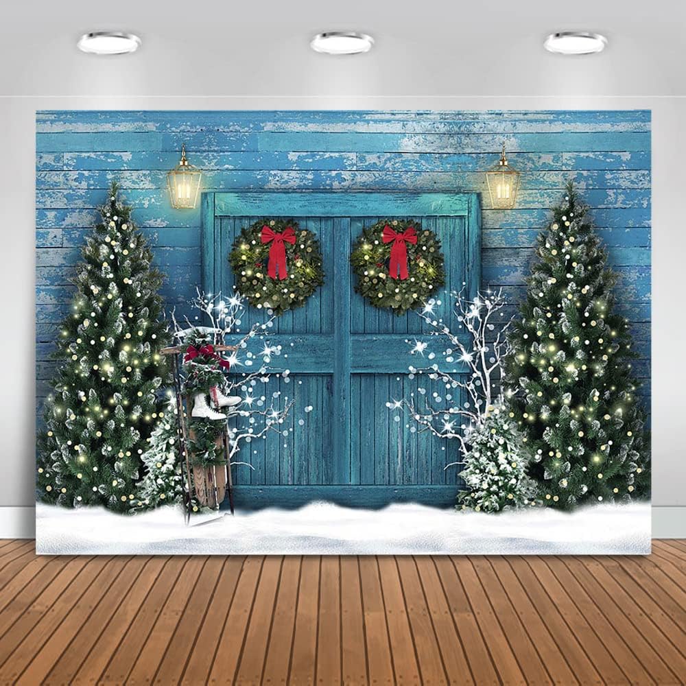 Blue Barn Door Rustic Christmas Backdrop Chritsmas Tree Snowy