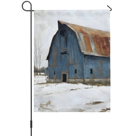 Blue Barn Garden Flag 12 x 18 Inches, Vintage Winter Snowscape Rustic Farm Weather Proof Outdoor Patio Flags Double Sided Small Garden Decoration for Yard Outside Home