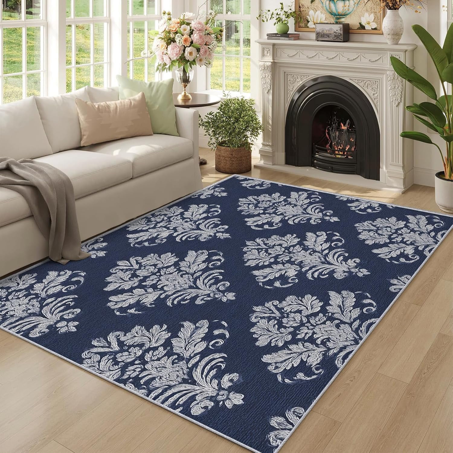 Blue Baroque Damask Area Rugs, Victorian Floral Carpet, Washable Non ...
