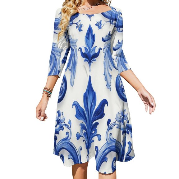 Blue Baroque Floral White Dress Summer Dresses Woman Street Style Big Size Casual Dress