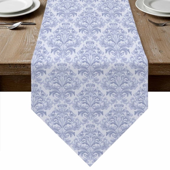 Blue Baroque Table Runner Linen Burlap Table Runner 48 Inches Long Luxury Middle Century Scroll Flowers Dresser Scarves for Kitchen Island Coffee Dining Party Wedding Banquet Holiday Decor 13"x48"
