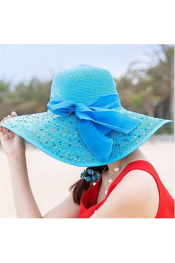 Blue Baseball Cap Women Colorful Big Brim Straw Bow Hat Sun Floppy Wide Hats Beach