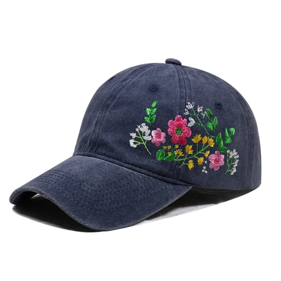 Blue Baseball Caps Hand Embroidered Flower Design Baseball Cap