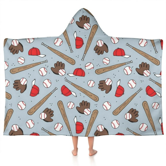 Blue Baseball Gear Pattern Hooded Bath Towel，50"x30" for Ages 3 To 12 Kids, Quick Dry Lightweight Soft Microfiber Hood Beach Towel Cover Up for Kids
