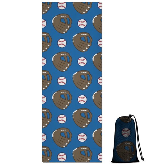 Blue Baseball Gloves and Balls Pattern Hot Yoga Mat Towel Non Slip for Hot Yoga - Quick-Drying Yoga Mat Cover with 4 Corner Pockets with Travel Bag - Hot Yoga Towel Non Slip 70"x26"