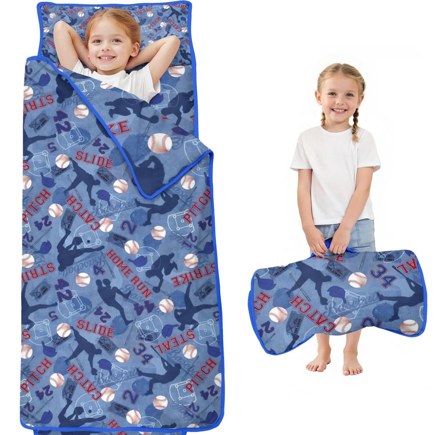 Tapis De Sieste étoiles – 51x117 Cm, Bleu Marine, Avec Oreiller – Sac De Couchage Pliable, Sangles De Maintien – Pour Maternelle, Voyage, Crèche