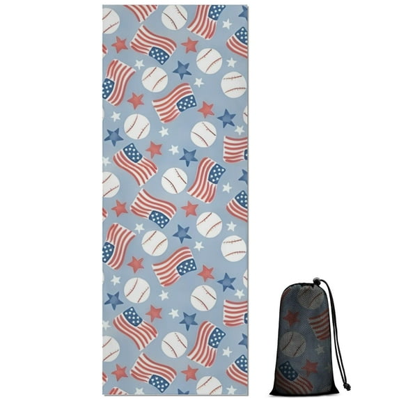 Blue Baseballs and USA Flags Pattern Hot Yoga Mat Towel Non Slip for Hot Yoga - Quick-Drying Yoga Mat Cover with 4 Corner Pockets with Travel Bag - Hot Yoga Towel Non Slip 70"x26"
