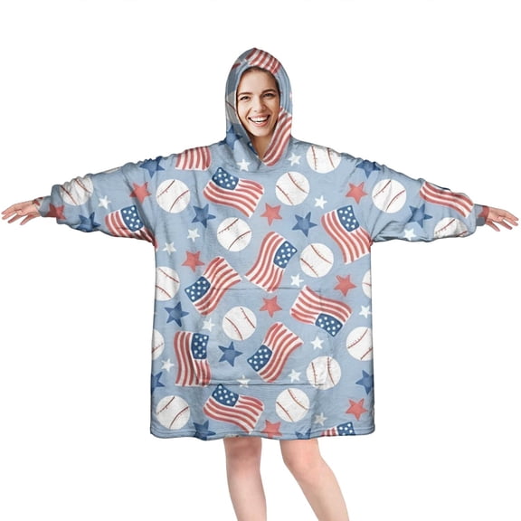 Blue Baseballs and USA Flags Pattern Wearable Oversized Blanket,Wearable Blanket Hoodie for Adults,Cozy Hooded Blankets with Super Pockets,Super Warm Fuzzy Pullover for Women & Men