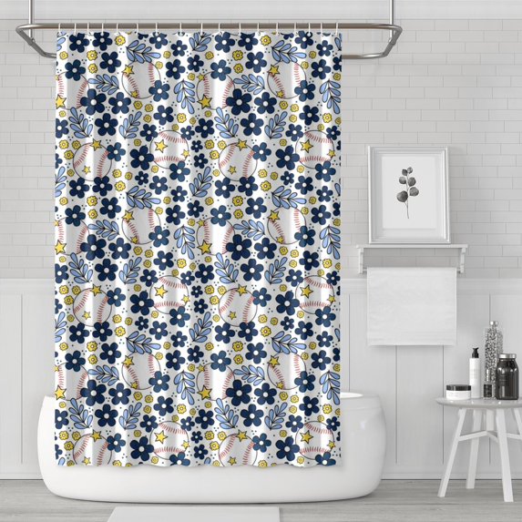Blue Baseballs with Yellow Flowers Pattern Shower Curtain 72"x72" ,Bathroom Decorative Shower Curtains Set with 12 Hooks,Modern Waterproof Washable Shower Curtain