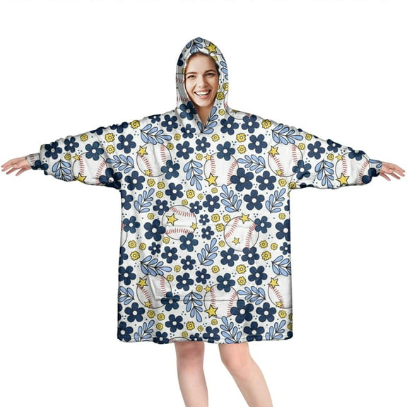 Blue Baseballs with Yellow Flowers Pattern Wearable Oversized Blanket,Wearable Blanket Hoodie for Adults,Cozy Hooded Blankets with Super Pockets,Super Warm Fuzzy Pullover for Women & Men