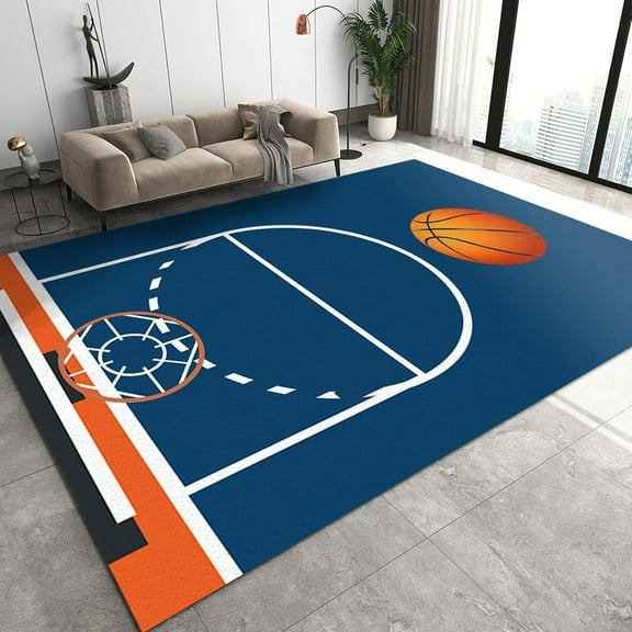 Blue Basketball Court Area Rug, Basketball Court For Sports Enthusiasts Indoor Non-Slip Kids Rugs, Machine Washable Breathable Durable Carpet For Front Entrance Floor Decor-1x2ft