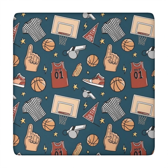Blue Basketball Related Items Pattern Square Fitted Tablecloth with Elastic Edge,Square Table Cover,Washable Elastic Table Cover for Home Kitchen Party Decor 34"x34"