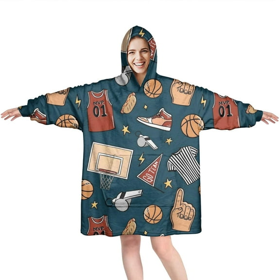Blue Basketball Related Items Pattern Wearable Oversized Blanket,Wearable Blanket Hoodie for Adults,Cozy Hooded Blankets with Super Pockets,Super Warm Fuzzy Pullover for Women & Men