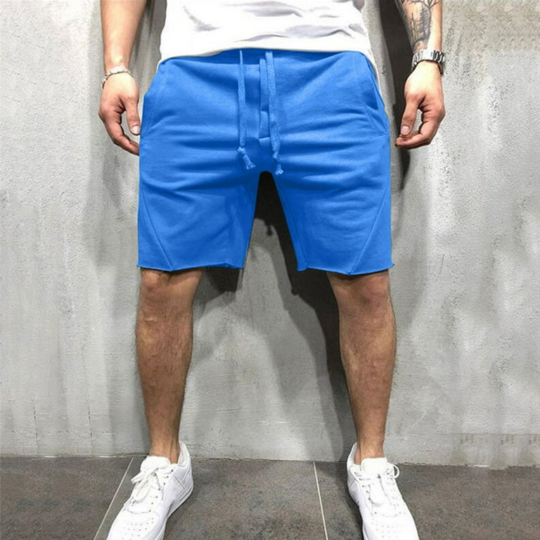 Blue Basketball Shorts Male Casual Mid Waist Shorts Pant Solid Splice Pocket Drawstring Knee Length Shorts
