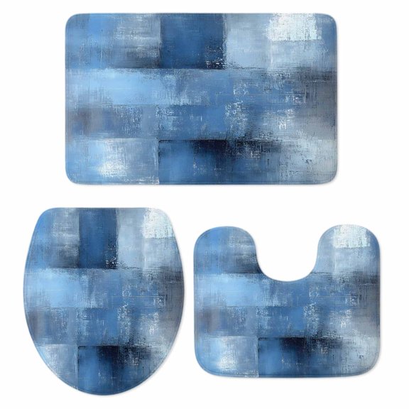 Blue Bath Mat 3 Piece Bathroom Rug Set, Ombre Oil Painted Retro Abstract Art Modern Non Slip Bath Rug Contour Mat and Toilet Lid Cover, Absorbent Shower Mats Soft Bath Rugs and Mats Sets