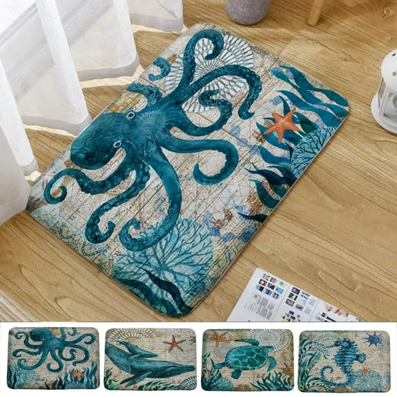 Blue Bath Mat for Bathroom, Mats Rugs No Silp, Sea Theme ​Octopus Seahorse Turtle Whale ​shable Cover Floor Rug Carpets Floor Mat Bathroom Decorations 23.6x15.7inch Inches for Kitchen Bedroom Indoo