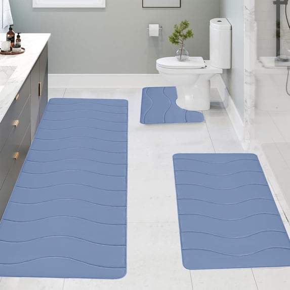 Blue Bath Rug 3-Piece Set Non Slip Wave Design 16x47 16x24 16x Inch Absorbent Bathroom Mats with Latex Non-Slip Backing