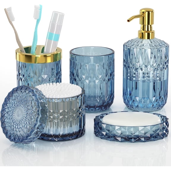 Blue Bathroom Accessories 5 Pcs, Glass Bathroom Accessory Set, Vintage Blue Bathroom Set