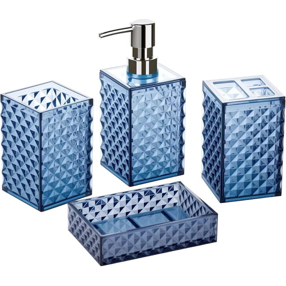 Blue Bathroom Accessories Set, 4 PCS Dark Navy Blue Bathroom Accessories Sets Complete, Diamond Pattern Bathroom Soap Dispenser and Toothbrush Holder Set, Boho Bathroom Dcor and Accessories