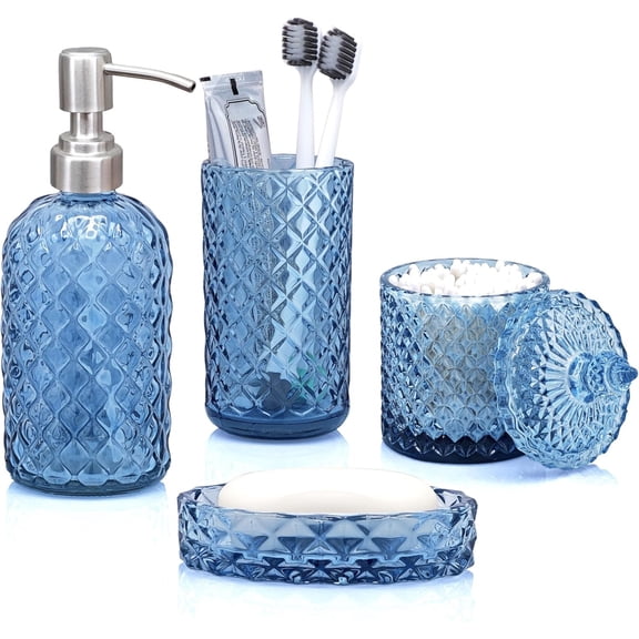 Blue Bathroom Accessories Set, 4Pcs Clear Glass Bathroom Accessory Set, Lotion Soap Dispenser, Toothbrush Holder Set