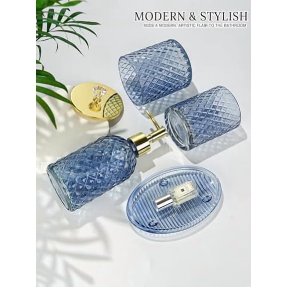 Blue Bathroom Accessories Set, 4Pcs Glass Bathroom Accessory Set Complete w/Lotion Soap Dispenser, Toothbrush Holder, Qtip Holder, Soap Dish, Gold Bathroom Decor Sets, Gift for Home Apartment