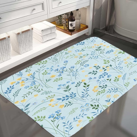 Blue Bathroom Carpet,Colorful Floral Carpet,Soft Non Slip Rubber Backed Bathroom Floor Mat,Floor Mat Home Decor for Kitchen Bedroom,Washable Cover Floor Rug,17X29 Inch.