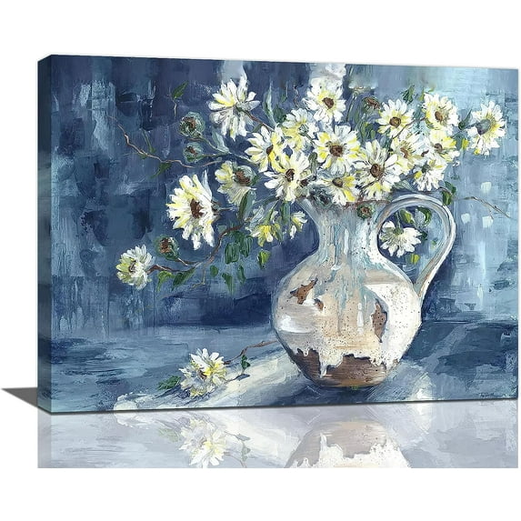 Blue Bathroom Decor Wall Art Daisy Flower Floral Pictures Floral Decor Flower Canvas Painting Flower Decorations Framed Artwork for Bathroom Kitchen Bedroom 16"x12"