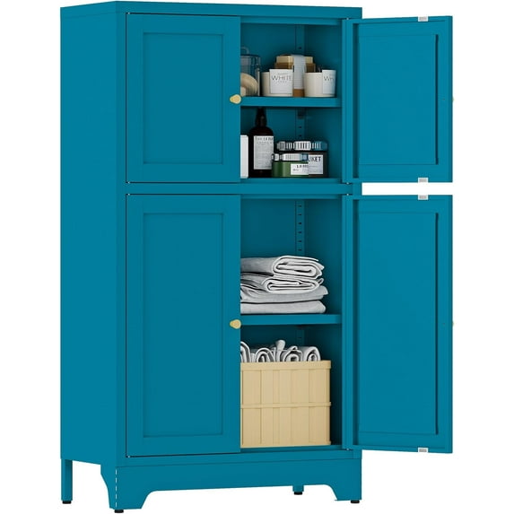 Blue Bathroom Floor Cabinet, Metal Storage Cabinet with 2 Adjustable Shelves & 4 Doors,Freestanding Sideboard for Dining Room,Living Room, Home Office