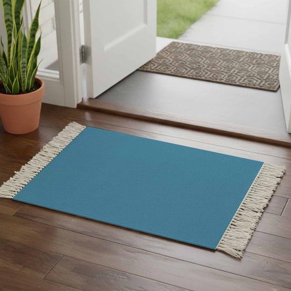 Blue Bathroom Rug 2'x3', Modern Pure Wave Ride Low Profile Front Entryway Rug with Tassels, Woven Cotton Washable Kitchen Mat Carpet for Foyer Bedroom Back Door Decor