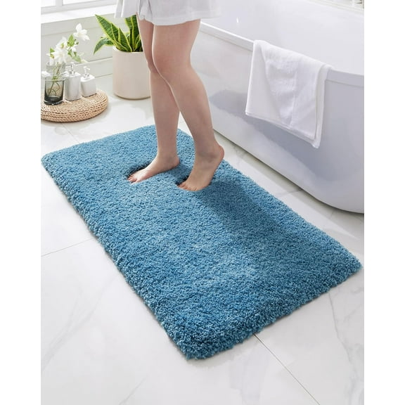 Blue Bathroom Rug 24x48 Non Slip Fluffy Bath Mat for Bathroom Floor Washable Plush Luxury Bath Rug for Tub Soft Shaggy Absorbent Shower Sink Mat
