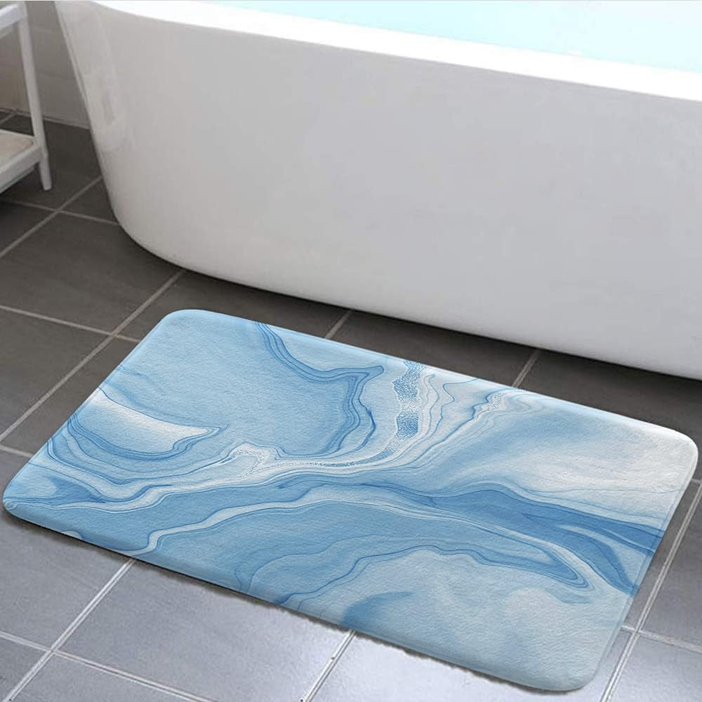 Blue Bathroom Rug Mat, Abstract Marble Bath Mats for Bathroom Non Slip, Modern Bath Rug Soft Luxury Microfiber Floor Rug for Tub Shower, 17X48in