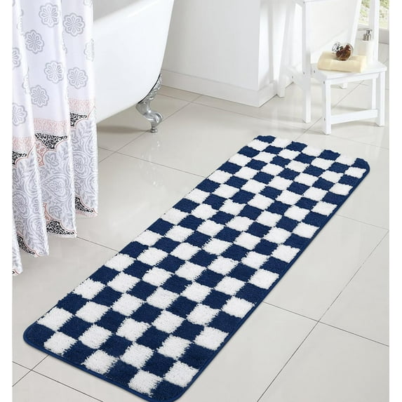 Blue Bathroom Rug Runner, Modern Plaid Checkered Bath Mat for Tub, Non Skid Washable Absorbent Bath Rug Runner, Plush Fluffy Microfiber Shower Mat for Bathroom Tub Shower, 18x47 inch