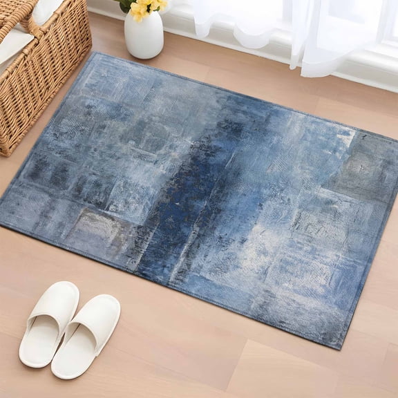 Blue Bathroom Rug Washable 2x3 Entryway Rug Non Slip Retro Oil Painting Modern Abstract Art Aesthetics Front Door Mat Low Pile Indoor Doormat Throw Floor Carpet for Kitchen Bedroom Entrance