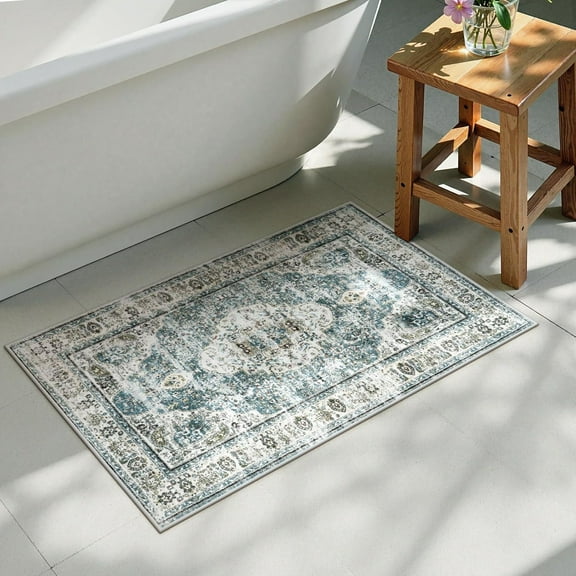 Blue Bathroom Rugs, Distressed Farmhouse Boho Bath Mat, Comfy Velvet Small Bath Rugs Non Slip Washable, Vintage Oriental Toilet Rug for Sink Shower Vanity, 18x26 inch