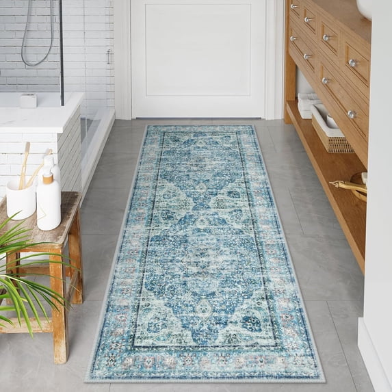 Blue Bathroom Rugs, Distressed Farmhouse Boho Bath Mat, Comfy Velvet Small Bath Rugs Non Slip Washable, Vintage Oriental Toilet Rug for Sink Shower Vanity, 18x26 inch
