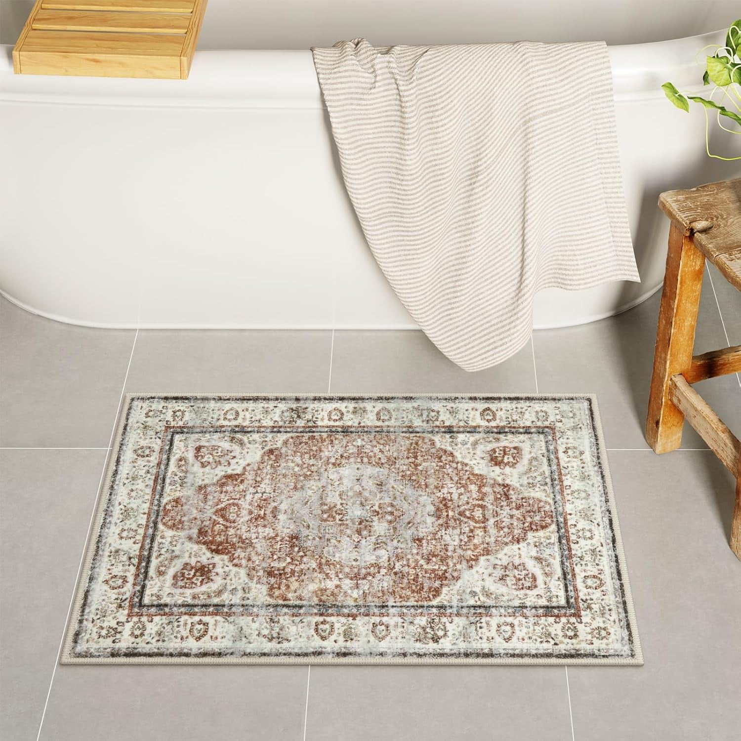 Blue Bathroom Rugs, Distressed Farmhouse Boho Bath Mat, Comfy Velvet Small Bath Rugs Non Slip Washable, Vintage Oriental Toilet Rug for Sink Shower Vanity, 17x27 inch