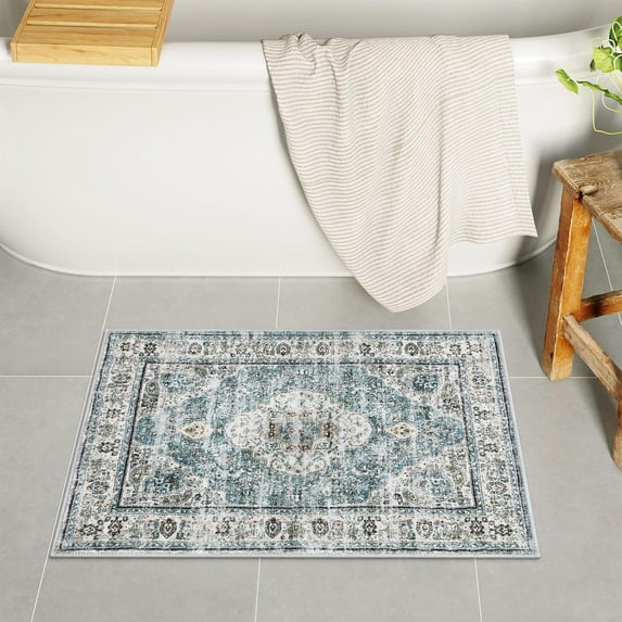 Blue Bathroom Rugs, Distressed Farmhouse Boho Bath Mat, Comfy Velvet Small Bath Rugs Non Slip Washable, Vintage Oriental Toilet Rug for Sink Shower Vanity, 17x27 inch