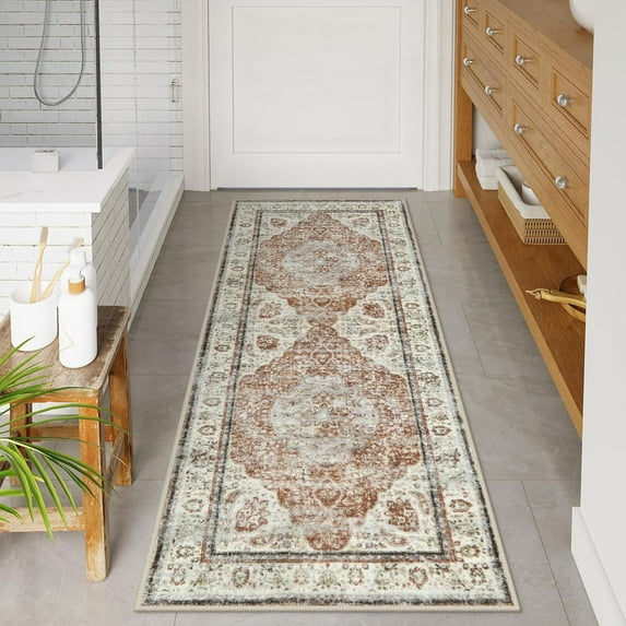 Blue Bathroom Rugs, Distressed Farmhouse Boho Bath Mat, Comfy Velvet Small Bath Rugs Non Slip Washable, Vintage Oriental Toilet Rug for Sink Shower Vanity, 18x26 inch