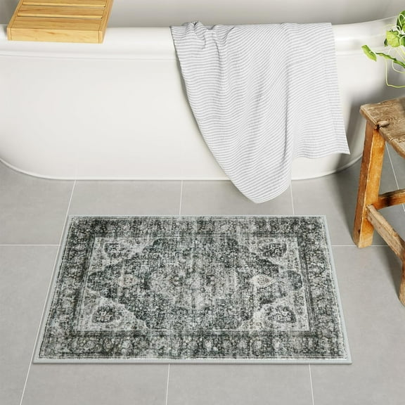 Blue Bathroom Rugs, Distressed Farmhouse Boho Bath Mat, Comfy Velvet Small Bath Rugs Non Slip Washable, Vintage Oriental Toilet Rug for Sink Shower Vanity, 17x27 inch