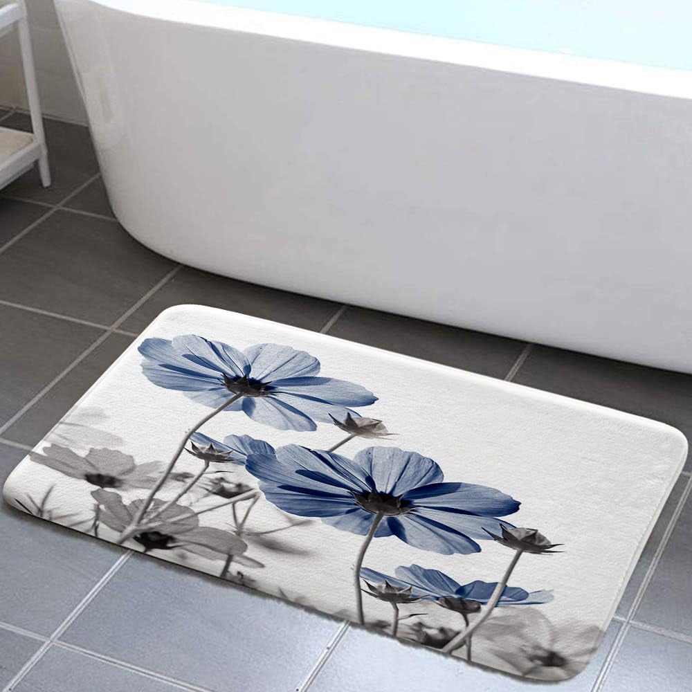 Blue Bathroom Rugs Mat, Cute Daisy Flower Elegant Wildflower Design Farmhouse Bath Rugs, Unique Floral Door Mats, 15.7X23.6in