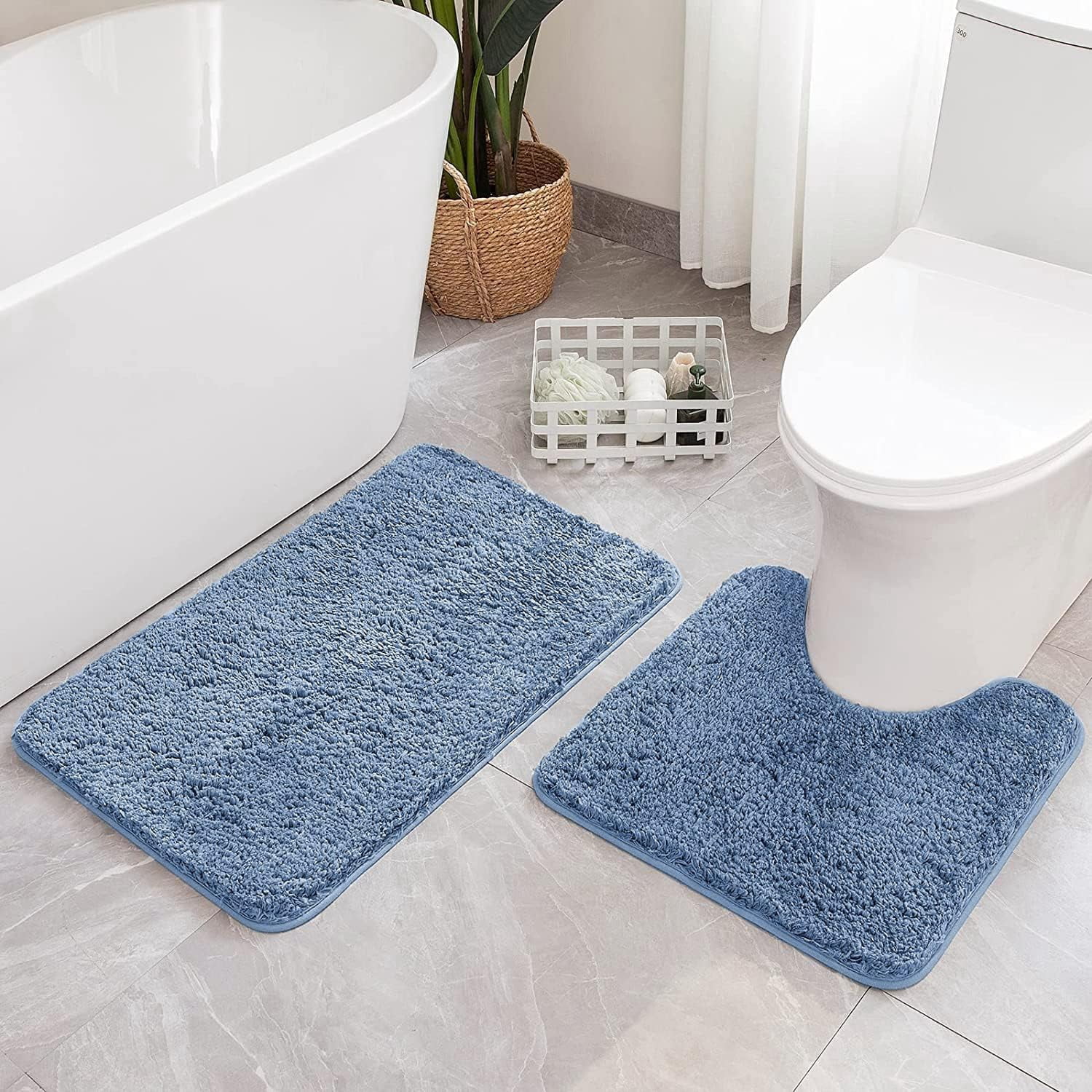 Blue Bathroom Rugs Set 2 Piece Soft Absorbent Microfiber Bath Mat Non Slip Quick Dry Machine Washable Plush Shaggy Mats for Tub Shower Floor 16x24 inches