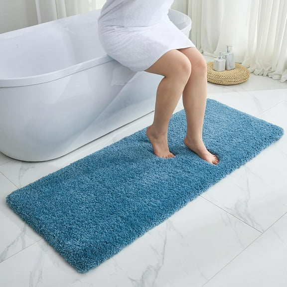 Blue Bathroom Runner Rug 24x59 Non Slip Fluffy Long Bath Mat for Bathroom Floor Washable Plush Luxury Bath Rug for Tub Absorbent Shower Sink Mat Bedside Rug